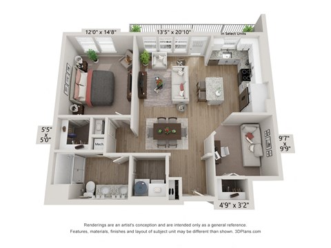 Floor plan for 1 bed, 1 bath, 969 sqft